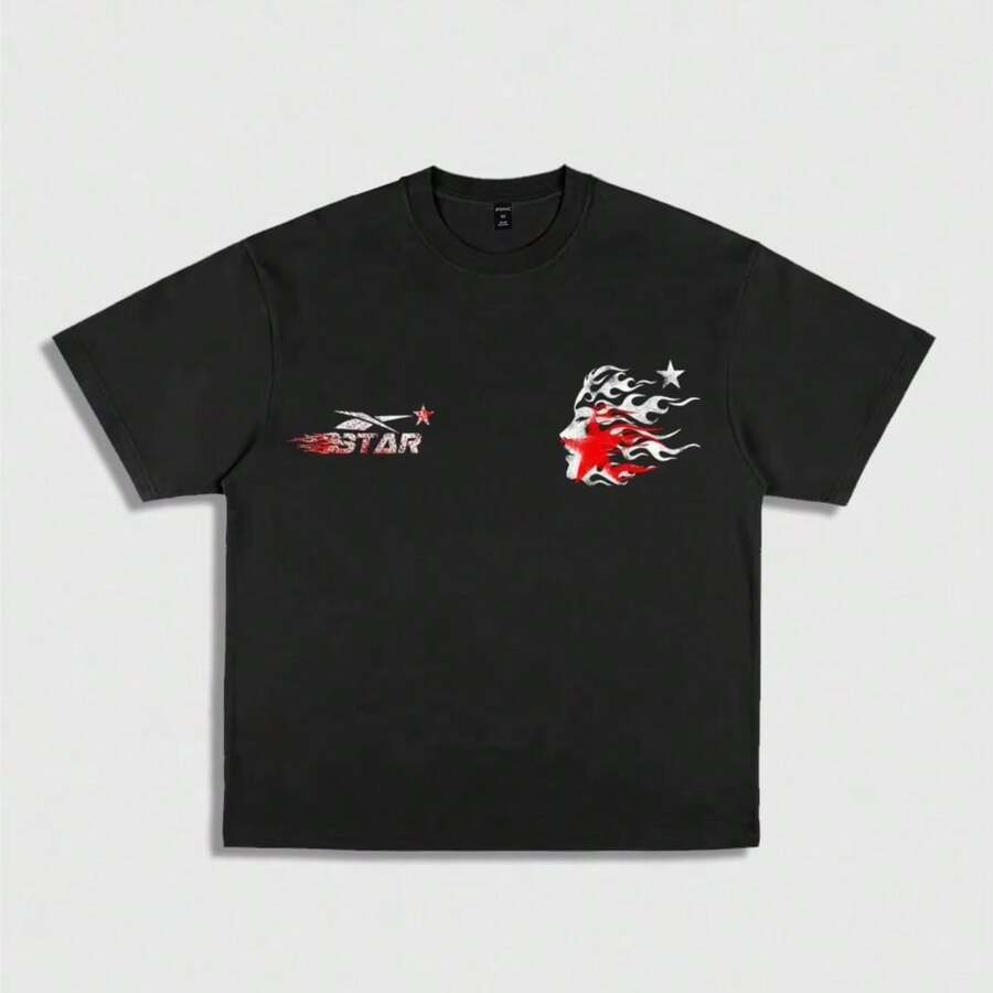 Fashion-2025 New Pure Cotton T-Shirt 1PC Hells Star Print Men's Round Neck Short-Sleeved Cotton T-Shirt Casual Summer Short-Sleeved Women - 黑色 - 查看 1