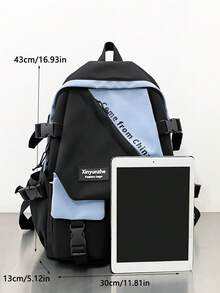 休闲大容量拉链字母印花双口袋按扣开合拼色多口袋校园背包，男女通用，便携式学校/大学/通勤包，适合学校、课堂、购物、返校季节 - 彩色 - 查看 3