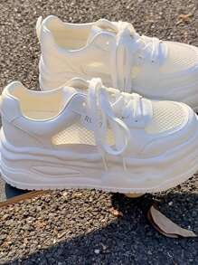 Sneakers For Summer, Casual, Thick-Soled Mesh Sneakers For Women, White, Breathable, Versatile, Lightweight, Comfortable, For Petite People, 2025 New Model - 米色 - 查看 5
