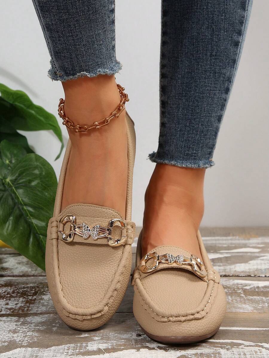 2025 Women's Spring New Arrival Gold Chain Elegant Slip-On Loafers, Lightweight & Comfortable, Versatile Rubber Flat Shoes - Apricot - View 1