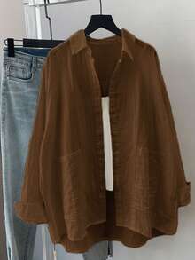 大码女式纯色口袋长袖休闲宽松涤纶衬衫，春夏款