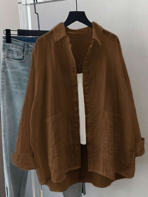 Plus Size Women's Solid Color Casual Loose Long Sleeve Blouse, Spring/Summer