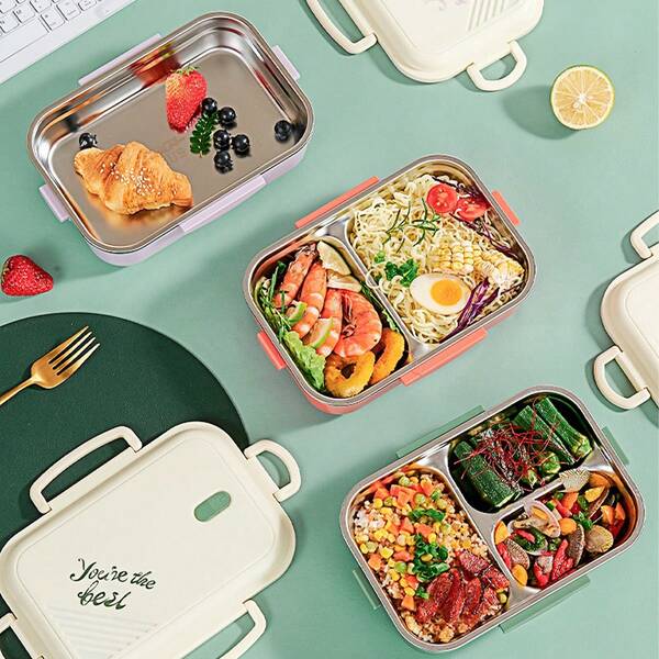 Back To School Stainless Steel Compartment Bento Lunch Box, Microwave Safe, Leak-Proof, Portable, Sealed Lid, One-Second Open/Close, Camping & Hiking Essentials