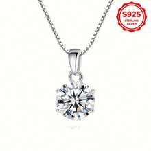 925纯银1件经典亮白色4爪圆形切割方晶锆石镶嵌吊坠精致项链优雅品质女锁骨链项链惊喜日常饰品礼物