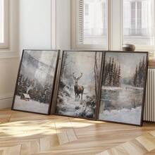 3pcs, Unframed, Vintage Moody Winter Landscape Oil Painting Prints, Snowy Forest Wall Art, Country Farmhouse Decor, Christmas Decor, Winter Posters, Canvas Art For Living Room, Bedroom, Kitchen, Home Office, Cafe, Bar, Dorm, Hallway, Home And Room Decoration Home Decor Christmas Decorations