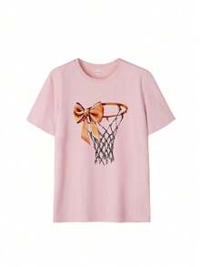 Áo thun thể thao thường ngày in họa tiết bóng rổ cỡ lớn cho bé gái tuổi teen, Áo mùa hè cho trẻ em - Hồng - Xem 5