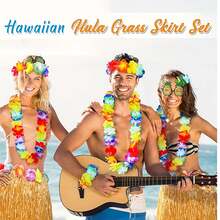 5 件套紫色夏威夷草裙舞者服装套装 - 带花弹力草裙，非常适合热带生日派对和节日装饰，适合万圣节派对装扮 - 彩色 - 查看 2