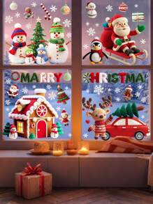 4 张/56 件圣诞窗贴，全新原创设计，羊毛针织形状，圣诞老人，雪人，雪花，圣诞树，麋鹿，雪橇，汽车，圣诞球，姜饼人，礼物，圣诞派对装饰，PVC 贴纸用于装饰客厅、卧室、厨房，（祝您圣诞快乐） - 彩色 - 查看 2