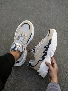 男士时尚百搭撞色系带运动鞋，户外和日常字母印花低帮厚底跑步鞋 - 卡其色 - 查看 9