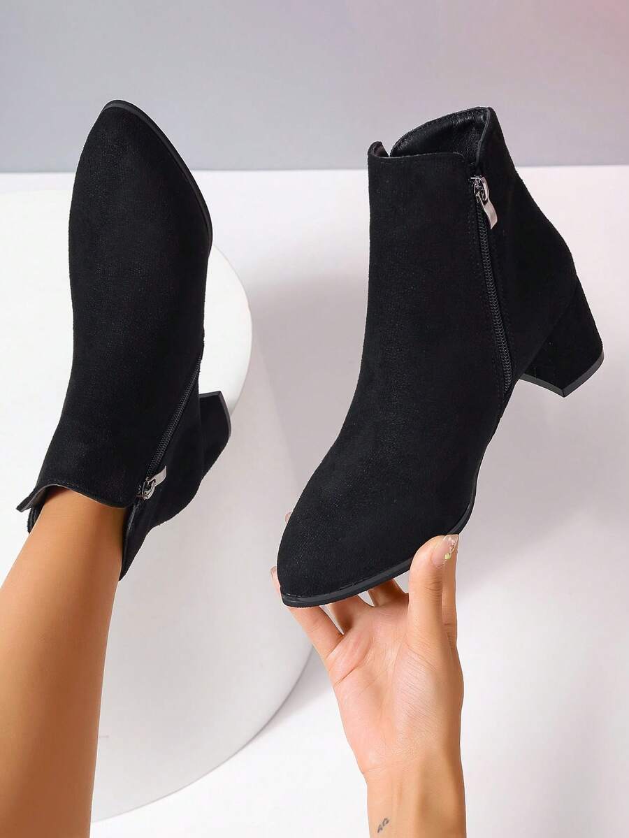 Damen Veloursleder Spitzschuh Plateau Knöchel Stiefel, modische einfarbige Reißverschluss Kleid Stiefel - Schwarz - Übersicht 1