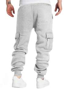 MAISONFOX Men's Loose Flap Pocket Side Drawstring Elastic Waist Long Cargo Pants, Solid Color Light Gray Casual Pants, Suitable For Outdoor, Commuting, Office, Winter Work Wear Thickened Faux Lamb Wool Lining Drawstring Waist Casual Pants, Warm And Comfortable For Leisure And Home Wear - Light Grey - View 12