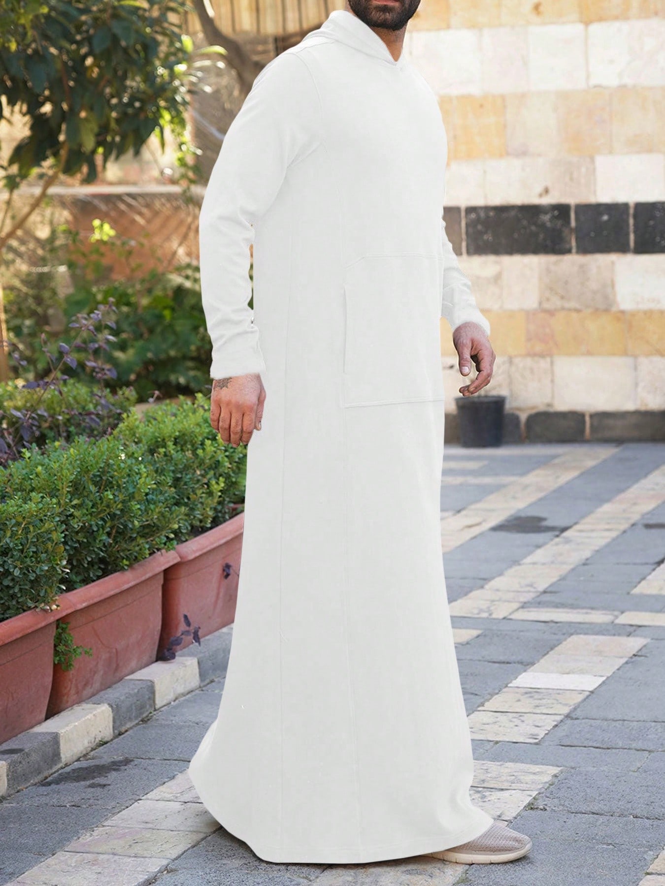 عباءة رجالية ذات لون أحادي مع جيب وقبعة، بطراز عرب...