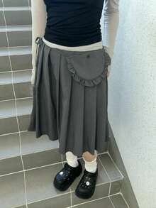 1 Set Vintage Floral Lace Tie Strap Mini Bag + Pleated Skirt, Solid Color, Korean Style Spring - Dark Grey - View 1