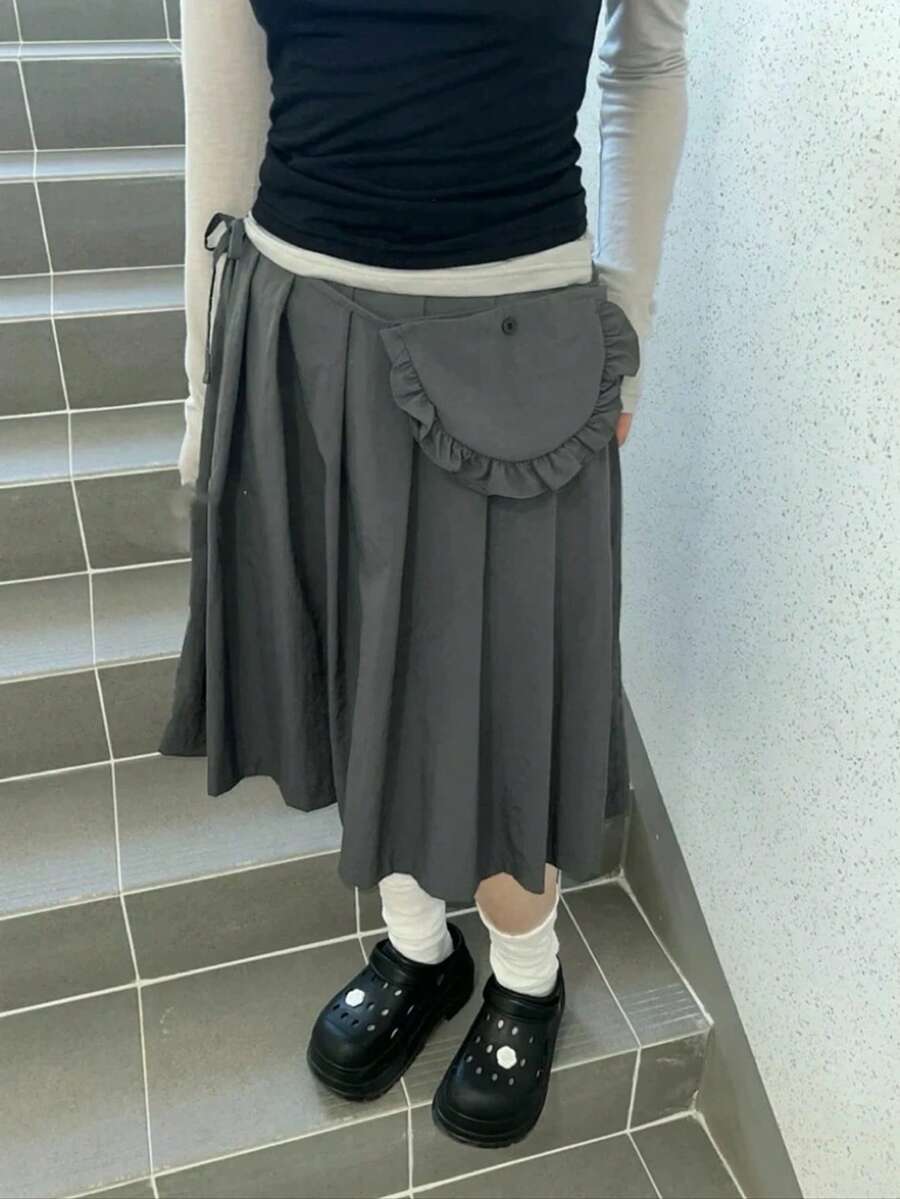 1 Set Vintage Floral Lace Tie Strap Mini Bag + Pleated Skirt, Solid Color, Korean Style Spring - Dark Grey - View 1