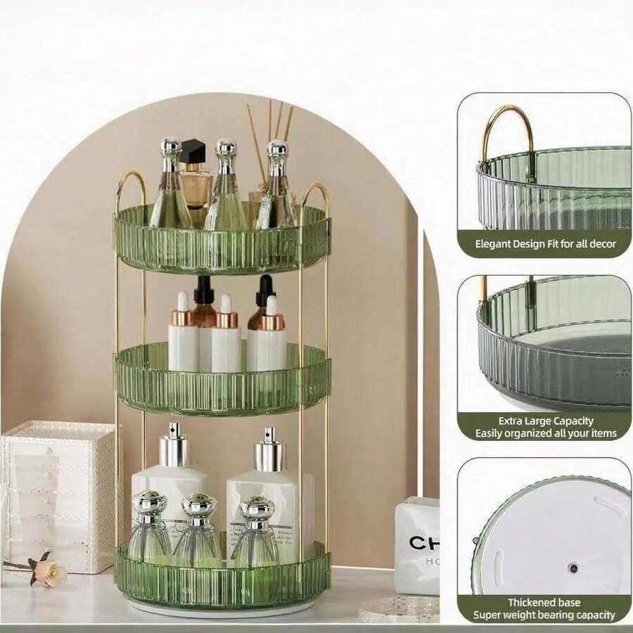 Rotating Makeup Organizer For Vanity, Perfume Skin Care Organizers Large, Bathroom Counter Make Up Cosmetic Storage, Clear Spinning Skincare Lipstick Holder,3 Tiers, Green - màu xanh lá - Xem 1