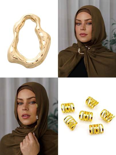 7PCS Novel And Fashionable Asymmetrical Silk Scarf Buckle Plus Non-Piercing Muslim Headscarf Decoration Clips