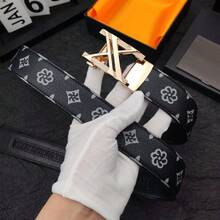 男士自动扣皮带，商务休闲百搭，合金扣，星形字母印花，适合正式、休闲、居家穿着，长度120厘米，秋季、万圣节、秋冬季配饰，适合青少年、青年、男士，休闲、户外、运动、度假、毕业礼物、生日礼物、日常穿着 - 黑色 - 查看 5