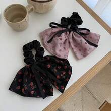 2 件女士黑色和米色韩式缎面蝴蝶结发圈，优雅复古发饰，适合发髻、马尾辫、日常佩戴、发圈、发圈、洗脸 - 多色/豆沙粉+復古黑 - 查看 1