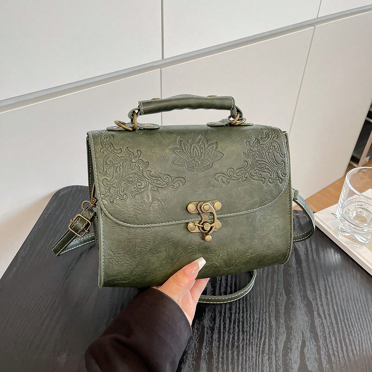 Pieza Elegante Bolso De Mano De PU Estampado Con Diseño De Cierre De Metal, Textura De Alta Calidad, Bolso De Hombro O Bolso De Mano