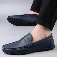 男士奢华真皮便士乐福鞋，休闲编织款一脚蹬平底鞋，配有松紧带，适合春秋季日常穿着、婚礼、派对、办公室、商务场合。 - 藍色 - 查看 9