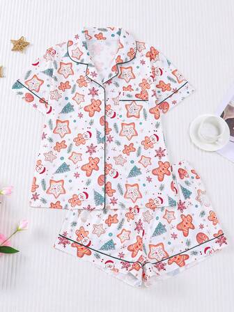 2 件圣诞主题印花女士睡衣套装，休闲短袖翻领开衫上衣和松紧腰短裤，舒适的女士睡衣和家居服套装，适合春季、秋季