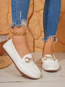2025 Spring New Women's Fashion Gold Chain Elegant Slip-On Loafers, Lightweight & Comfortable, Versatile Rubber Flat Shoes - White - View 4
