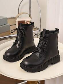 1 Pair Boots, Soft PU Front Lace-Up, Round Toe Thick Sole Height-Increasing British Style Motorcycle Boots, Suitable For Daily School, Vacation, Autumn/Winter New Arrival - Black - View 7