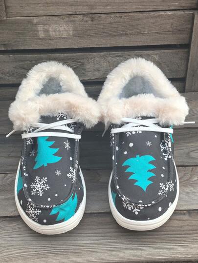 بوت نسائية كاجوال مريحة مبطنة دافئة بطبعات شجرة عيد الميلاد السوداء وبلورات الثلج، بوت ثلج نسائية مريحة مقاس كبير