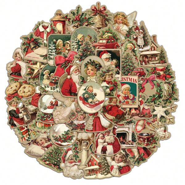 50PCS Christmas Stickers, Non-Repeating Vintage Santa Claus & Christmas Tree Vinyl Stickers, Holiday Decoration For Kids Teens, Scrapbook/Cards/Gifts/Xmas Party Supplies