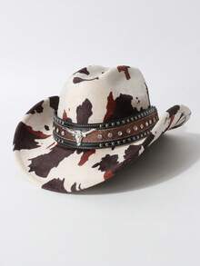 1 pieza Sombrero retro de mujer con decoración de piel de vaca y estampado de leopardo, sombrero de jazz europeo y americano, sombrero de vaquero occidental, adecuado para uso diario, actividades al aire libre, todas las estaciones, gorra de moda, vacaciones, viajes - sombrero de copa - Ver 11