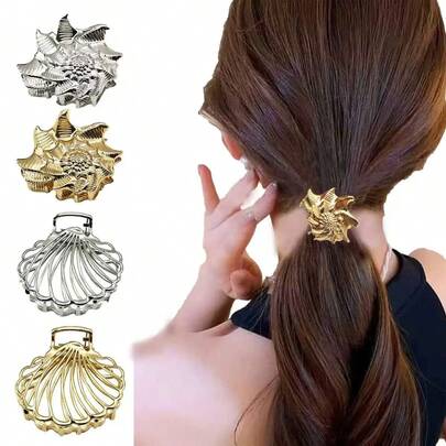 1 pieza Clips de metal elegantes con diseño de estrella de mar, concha y caracol, de tamaño pequeño y grande, para mujer. Adecuado para peinados de mujer en vacaciones de playa, accesorio de cabello para regalo de vacaciones