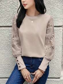 Blouse élégante à col rond en dentelle et patchwork à manches longues pour femmes, T-shirt à manches longues et col rond