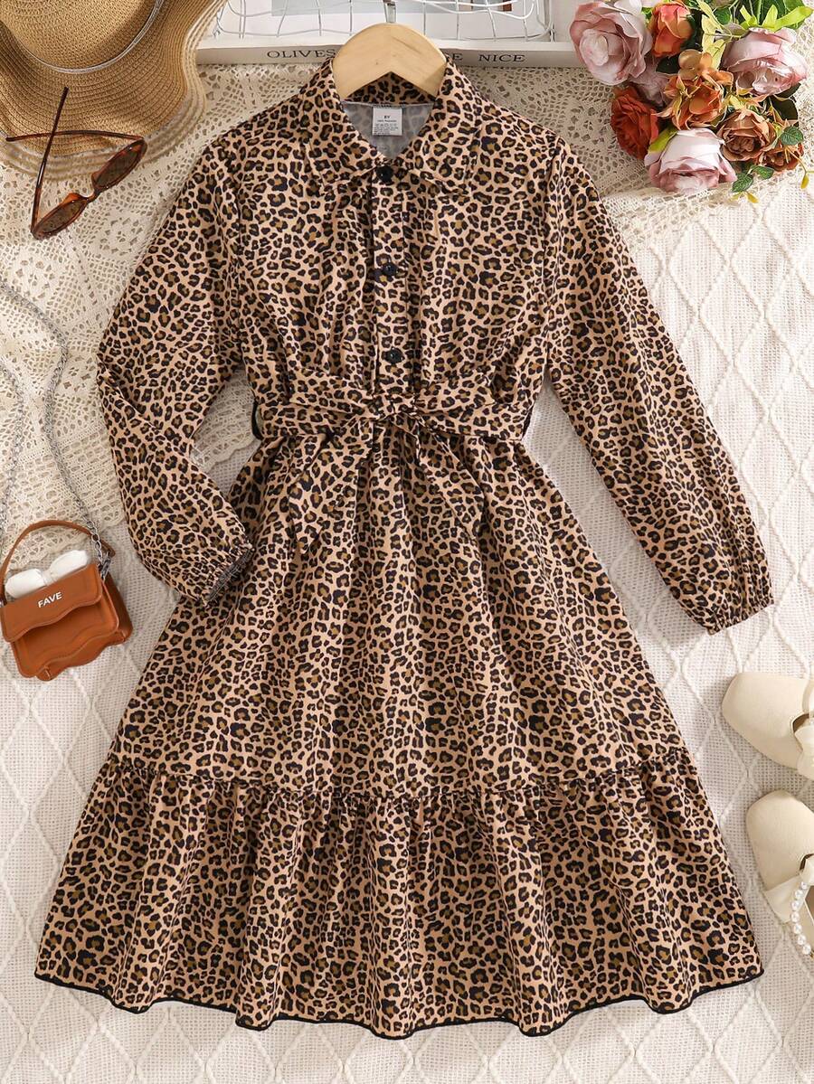Girls' Comfortable Leopard Print Collared Button-Up Belted Mid-Length Dress, Stylish Outdoor Casual Chic Outfit For Tween Girls - Brown - View 1