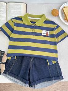 Young Boy Colorblock Striped Polo Shirt, Summer - Army Green - View 3