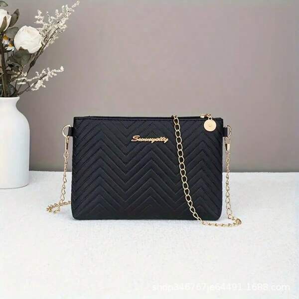 Bolso cuadrado pequeño con estampado de olas y correa de cadena, textura en capas, diseño minimalista y elegante, adecuado para niñas y mujeres, conveniente para uso diario