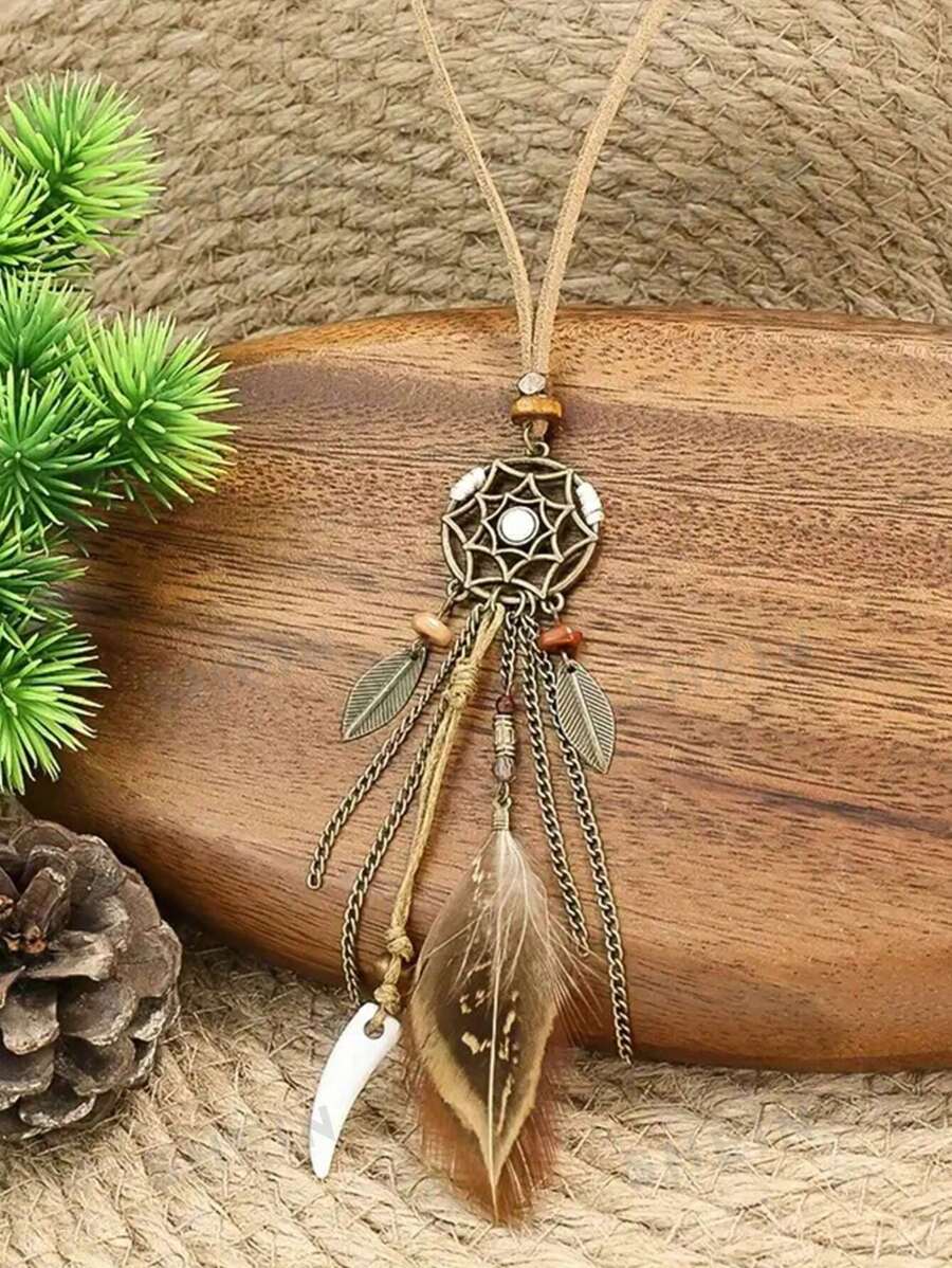 1 件波西米亚风格长项链，带天然羽毛串珠，1 美元以下廉价工艺品，可用作背包/包别针