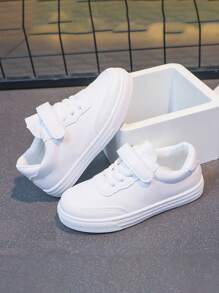 1 Pair Of Versatile Hook And Loop White Sneakers For Both Boys And Girls, Flat, Comfortable And Breathable Student Shoes, Campus-Style Sneakers, Solid-Colored Flat Shoes - White - View 4