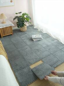 6 件柔软毛绒拼图地垫，创意互锁瓷砖，纯色简约设计 - 彩色 - 查看 6