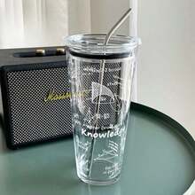 1pc 1000ml High-Quality Heat-Resistant Glass Cup With Lid And Metal Straw, Large Capacity Transparent Water Bottle, Suitable For Home, School, Office, Restaurant, Bar - Clear - View 5