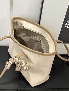 Large Capacity Minimalist Vintage-Style Handbag In Solid PU Leather With Matching Scarf, Versatile And Elegant Women's Bag, Fashionable Bag With Bow, Eye-Catching Handbag - 白色 - 查看 9
