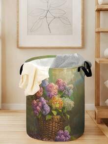 1pc Cartoon Flower Pattern Foldable Round Storage Basket With Handle, Large Capacity Multi-Purpose Storage Bin For Nursery, Baby Diaper, Clothes, Toys Organization - Multicolor - View 15