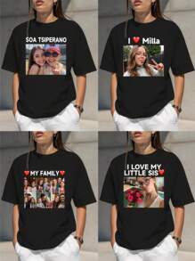 定制照片文字印花宽松女式T恤，个性化图案设计，可定制您自己/爱人/家人/朋友/宠物的照片/文字及祝福语，黑色圆领短袖T恤，生日/派对周年纪念印花，夏季女式上衣，送给女友、闺蜜、节日礼物 - 黑色 - 查看 2