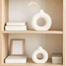 Modern Minimalist Round Vase Kit Donut Decorative Abstract Organic Bedroom 2Pcs - White - View 5