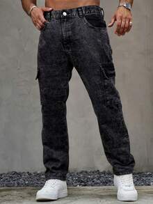 男士时尚工装口袋直筒宽松休闲牛仔裤 - 黑色 - 查看 3