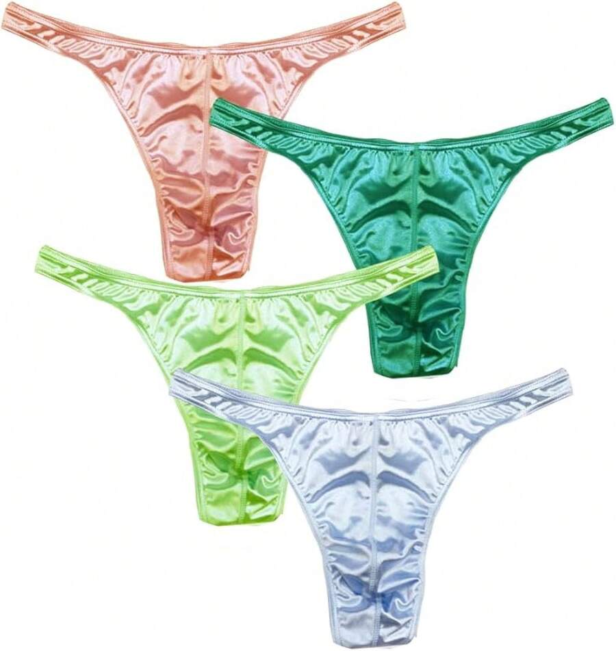 Men's Satin Stretch Support Wide Waistband Satin Briefs Thong G-String 4 Pcs/PackChristmas C8QJ - Quần lót dây kiểu 8 - Xem 1