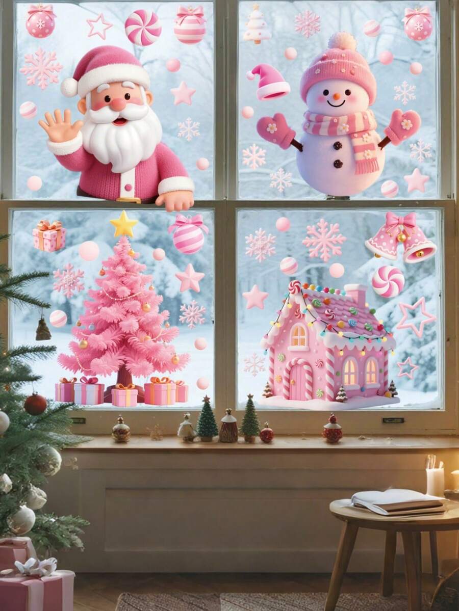 一套4张粉色圣诞静态窗贴，共53种图案，包含粉色圣诞老人、雪花、铃铛、房屋、糖果等图案，可自由搭配DIY。适用于圣诞主题的窗户和玻璃贴。