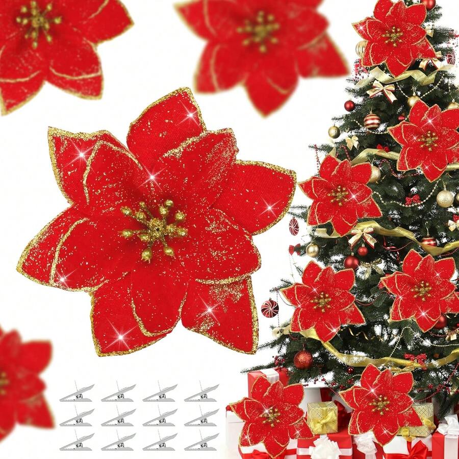9/18/36 Stücke Weihnachts-Glitzer-Poinsettia-Blumen, künstliche Blumenornamente, Fake-Blumen-Dekorationen, glitzernde Poinsettia mit Clips für Weihnachtsbaum, Kränze, Feiertags-Heim-Party-Deko