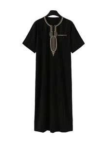 新款简约条纹长袍、阿巴雅伊斯兰宽松长袍、短袖刺绣穆斯林口袋长袍、休闲阿拉伯风格、男士传统甘杜拉祈祷休闲节日服装、优雅的斋月服装、优雅奢华的传统男士服装 - 黑色 - 查看 2