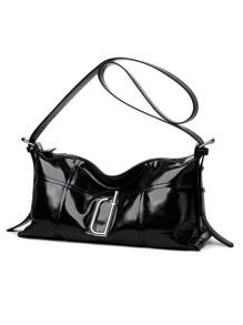 2025新款女士单肩包，独特设计手提包，休闲百搭简约时尚腋下包，舒适PU材质纯色，拉链开合可调节长肩带，容量大，春夏枕头包 - 黑色 - 查看 3