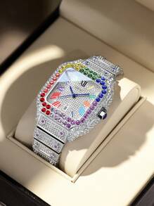 DAYAND NIGHT Luxury Brand Fully Iced-Out Quartz Wristwatch, Unisex Casual Business Watch With High-Quality Rhinestones, Large Size, Multi-Color Options, Versatile For Party, Formal Occasions Or Daily Wear. Perfect Gift For Valentine's Day, Anniversary Or Birthday. Silver Watch, Suitable For Christmas, Halloween
